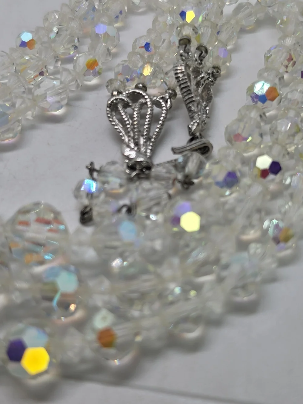Vintage 3 Strand AB Aurora Borealis Crystal Glass Faceted Bead Necklace Choker